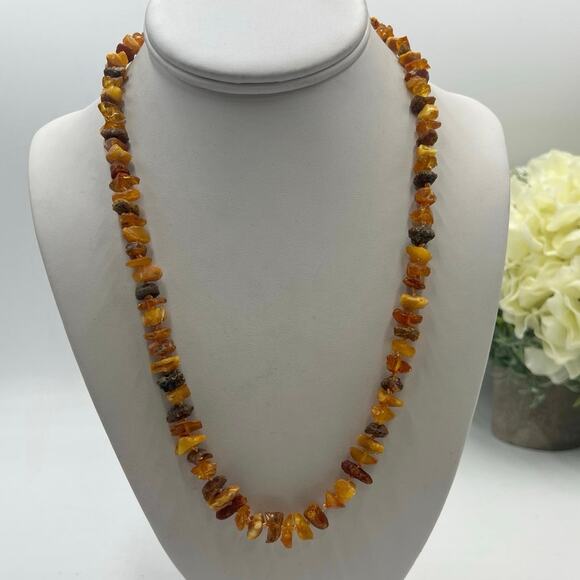Genuine Baltic Amber Chip Bead Natural Honey Brown Gemstone Screw Clasp Necklace - Picture 1 of 12
